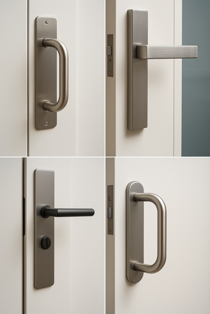 Four different commercial door handles displayed in a clean, modern layout by Great Lakes Security Hardware. Each handle, mounted on a white door panel, represents a unique commercial style: a curved pull handle, a sleek straight lever, a black matte minimalist handle, and a heavy-duty rectangular lever. The image showcases the variety of durable, high-quality commercial door hardware options offered by Great Lakes Security Hardware, emphasizing craftsmanship, functionality, and aesthetic appeal in professional environments