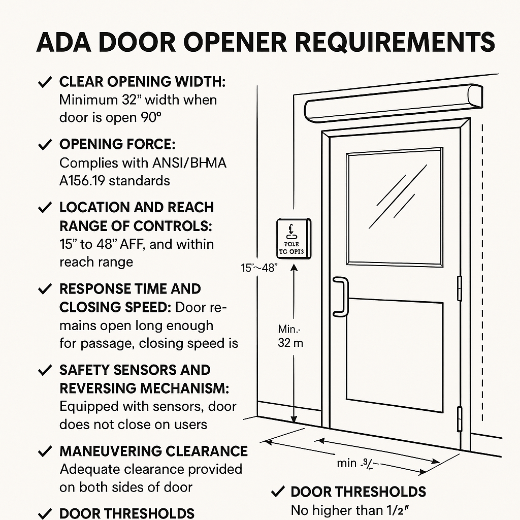 ADA Door Opener Requirements Diagram by Great Lakes Security Hardware – Includes compliant door width, control button height, threshold limits, and sensor placement for accessible commercial entryways