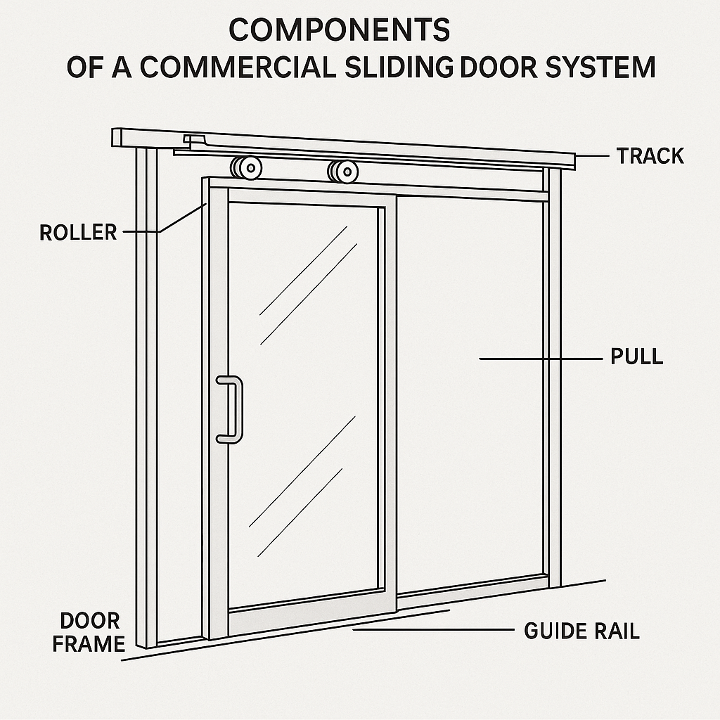 Labeled black-and-white line drawing diagram showing the components of a commercial sliding door system, including the track, roller, door frame, glass panel, pull handle, and guide rail—created for Great Lakes Security Hardware to illustrate commercial door construction