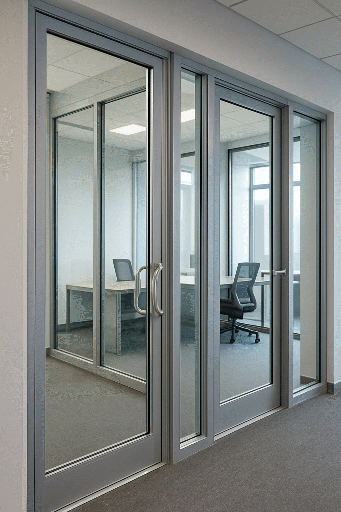 Modern office interior featuring sleek aluminum-framed glass doors installed by Great Lakes Security Hardware, separating two minimalist workspaces with natural light and ergonomic furniture.